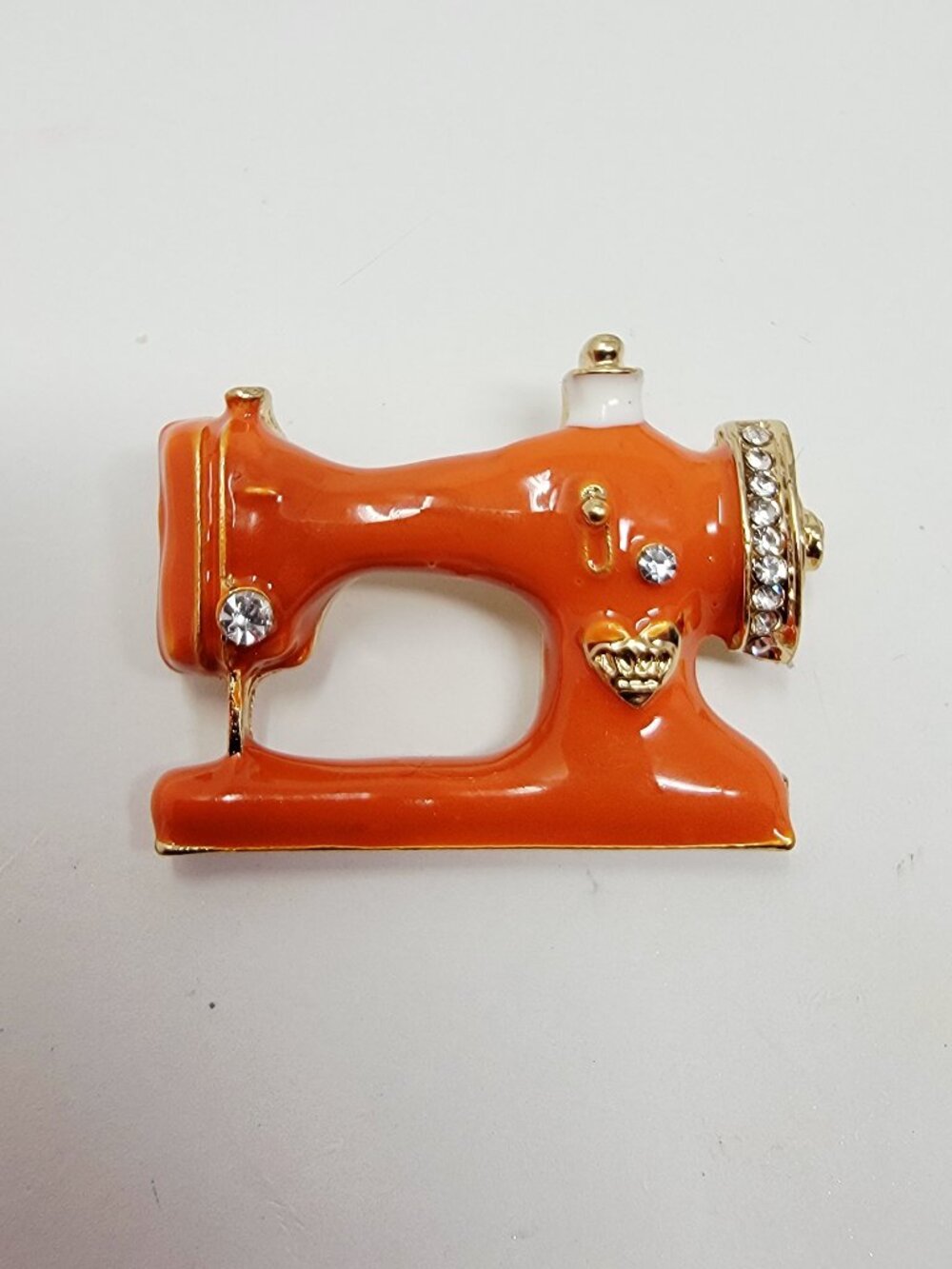 Orange Enamel Sewing Machine Rhinestone Novelty Brooch Pin